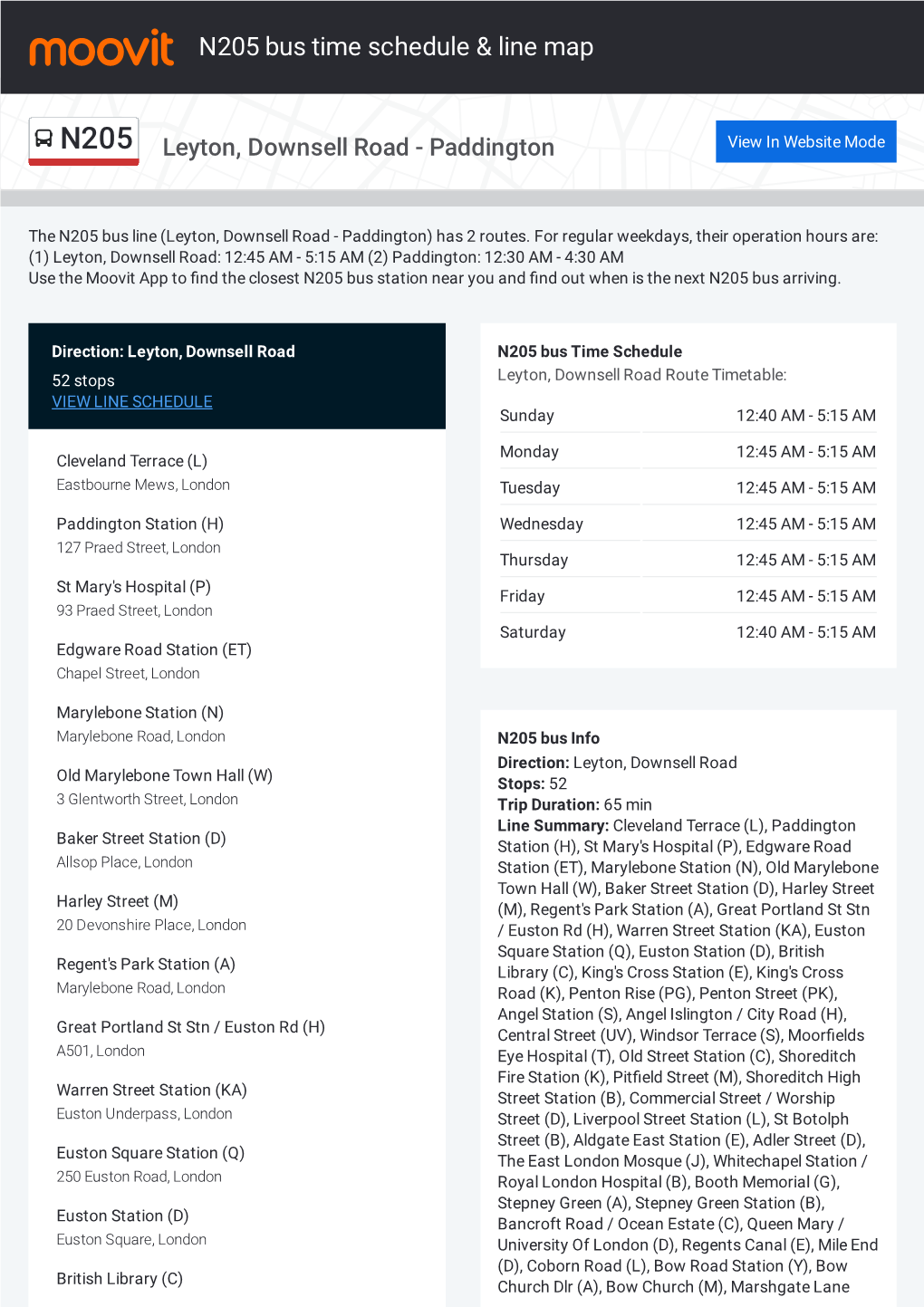 N205 Bus Time Schedule & Line Route