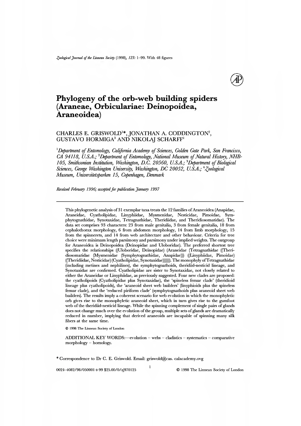 Phylogeny of the Orb-Web Building Spiders (Araneae, Orbiculariae: Deinopoidea, Araneoidea)