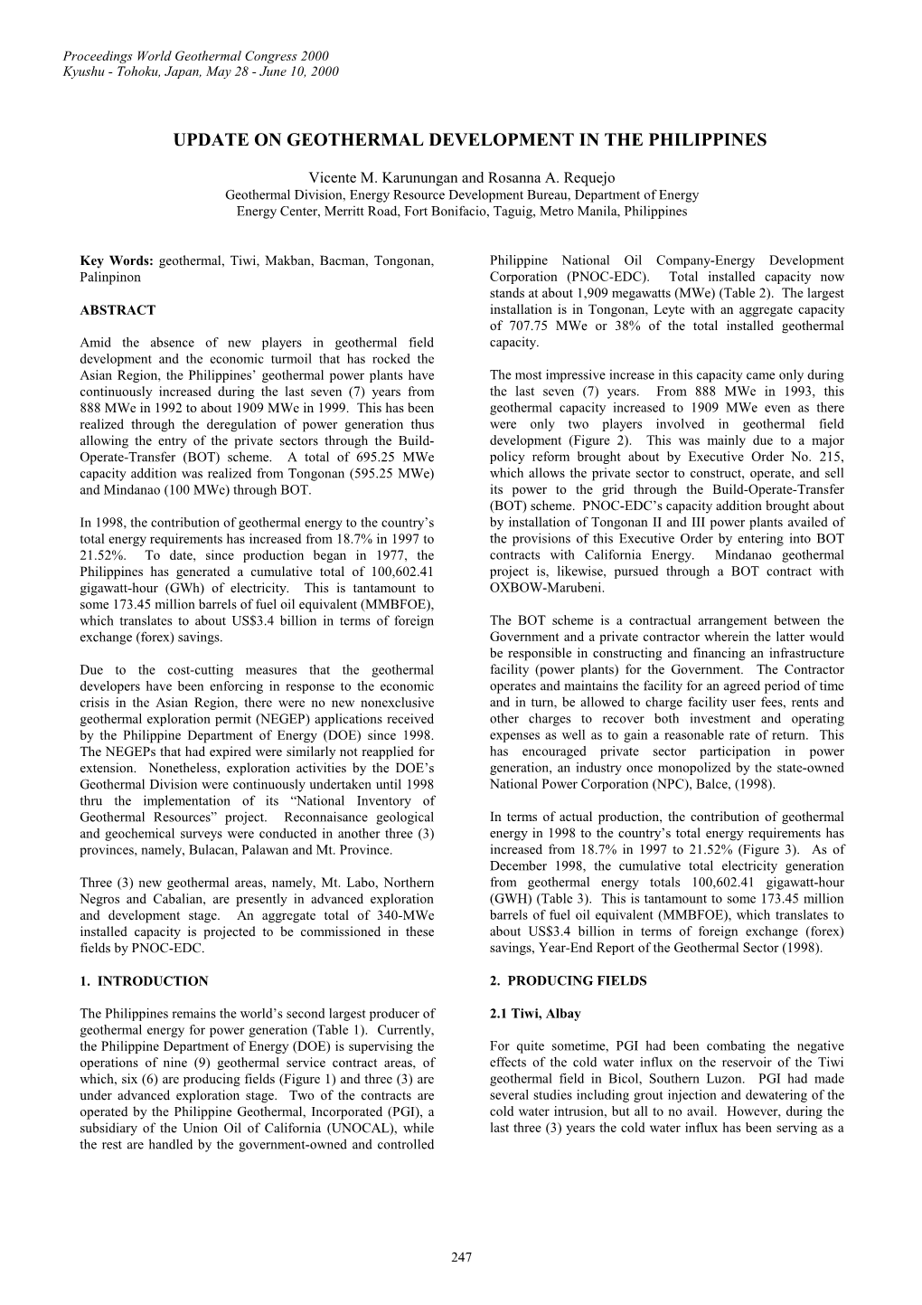 Update on Geothermal Development in the Philippines