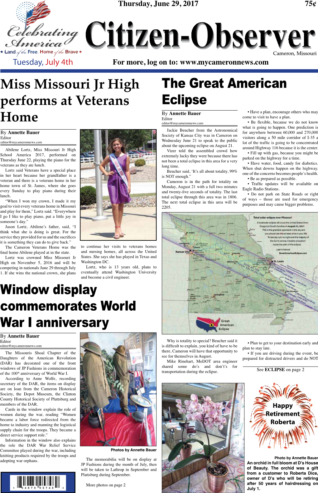 Miss Missouri Jr High Performs at Veterans Home Window Display Commemorates World War I Anniversary the Great American Eclipse