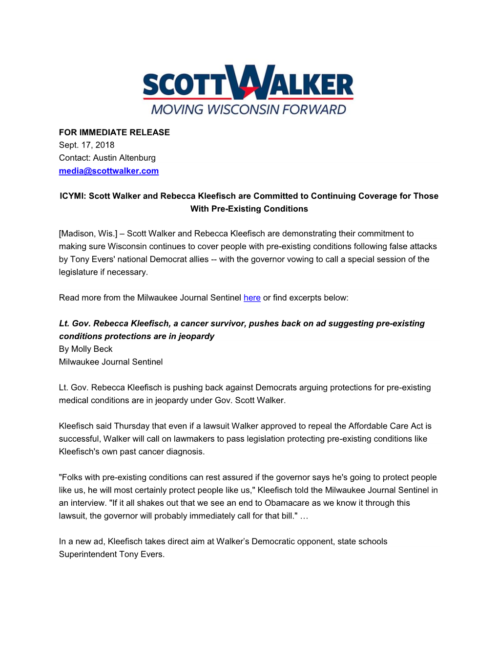 Scott Walker and Rebecca Kleefisch Are Committed to Continuing Coverage for Those with Pre-Existing Conditions