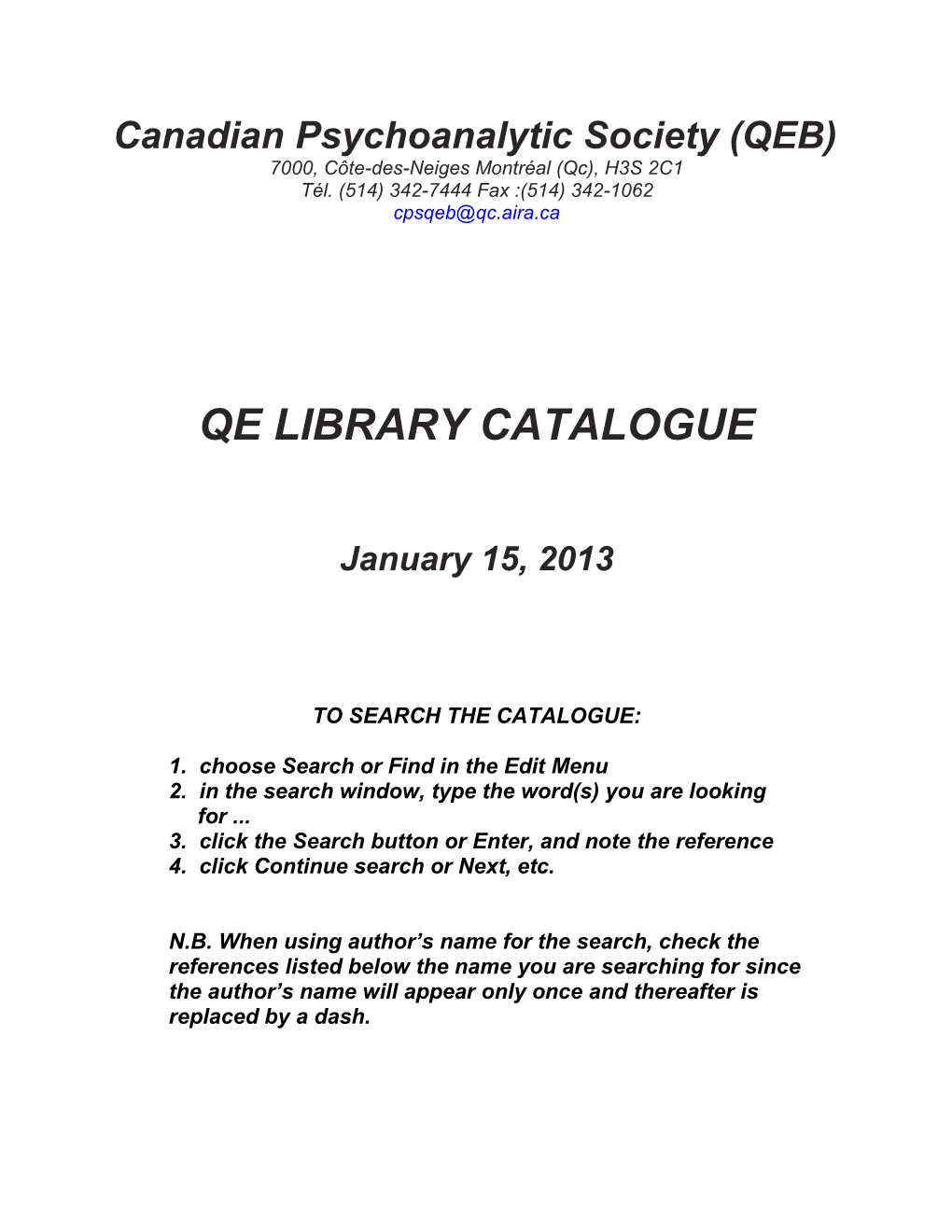 Qe Library Catalogue