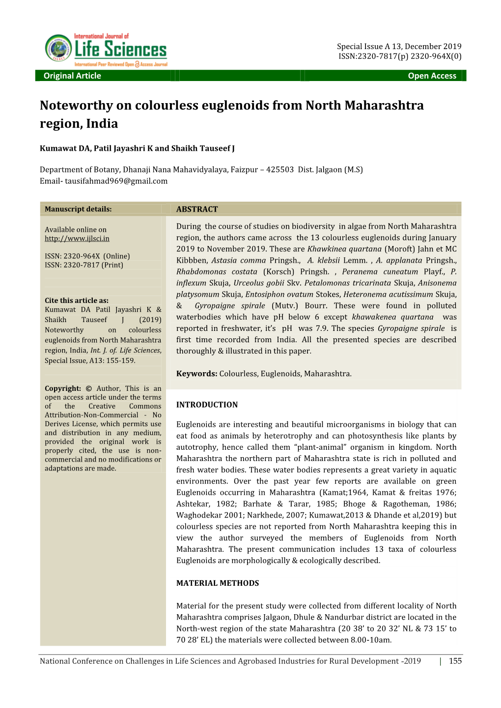Noteworthy on Colourless Euglenoids from North Maharashtra Region, India