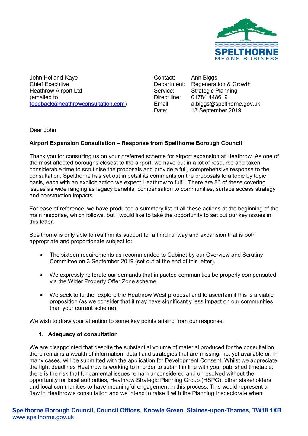 Emailed to Direct Line: 01784 448619 Feedback@Heathrowconsultation.Com) Email A.Biggs@Spelthorne.Gov.Uk Date: 13 September 2019