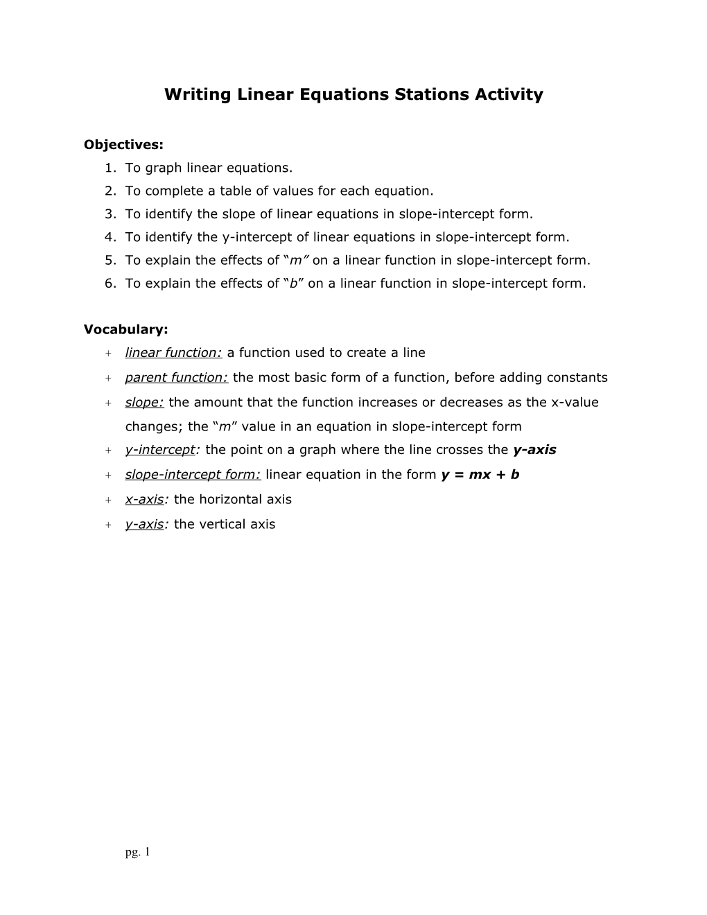 Linear Functions: Stations Activity s1