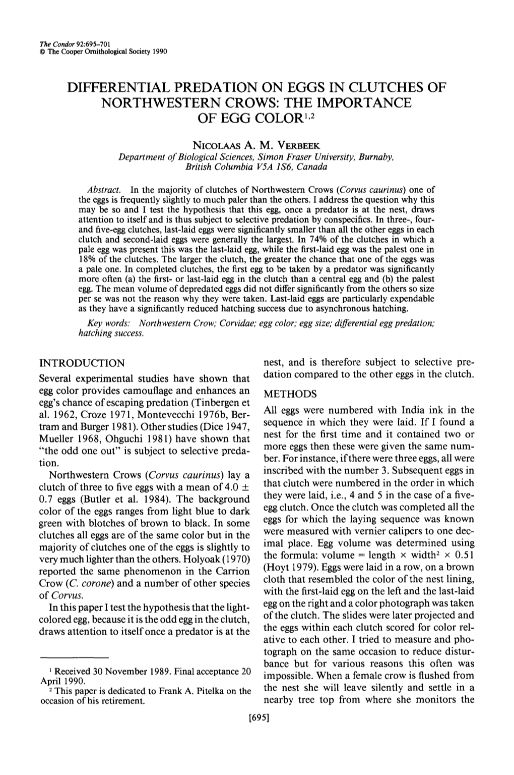 Differential Predation on Eggs in Clutches of Northwestern Crows: the Importance of Egg Color’,2