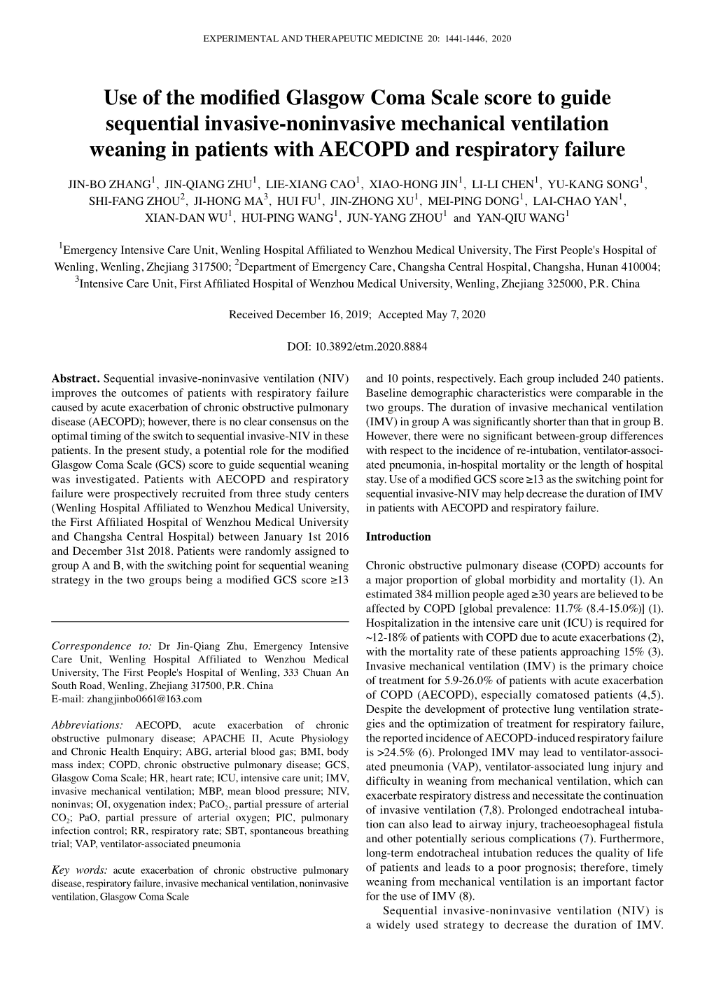 Use of the Modified Glasgow Coma Scale Score to Guide Sequential Invasive‑Noninvasive Mechanical Ventilation Weaning in Patients with AECOPD and Respiratory Failure