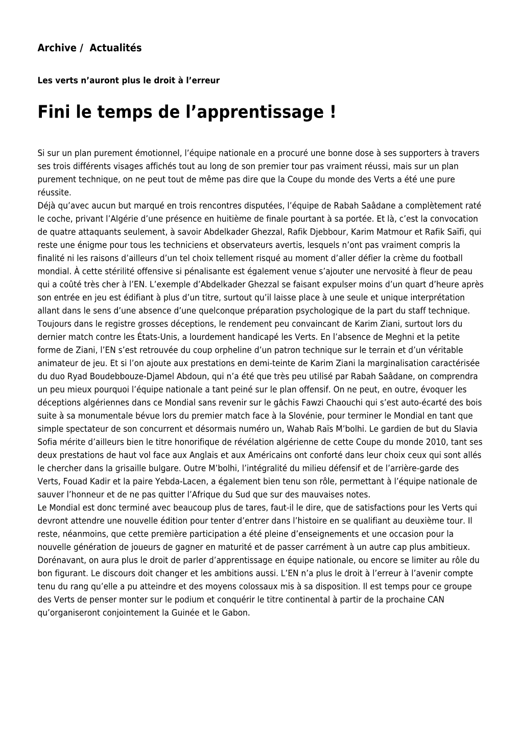 Fini Le Temps De L'apprentissage