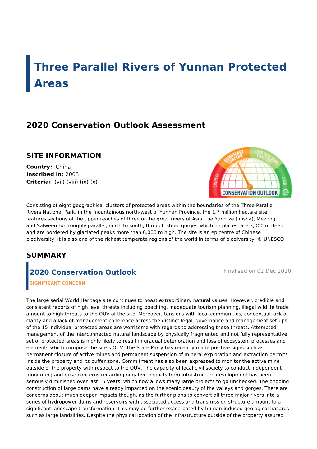 2020 Conservation Outlook Assessment