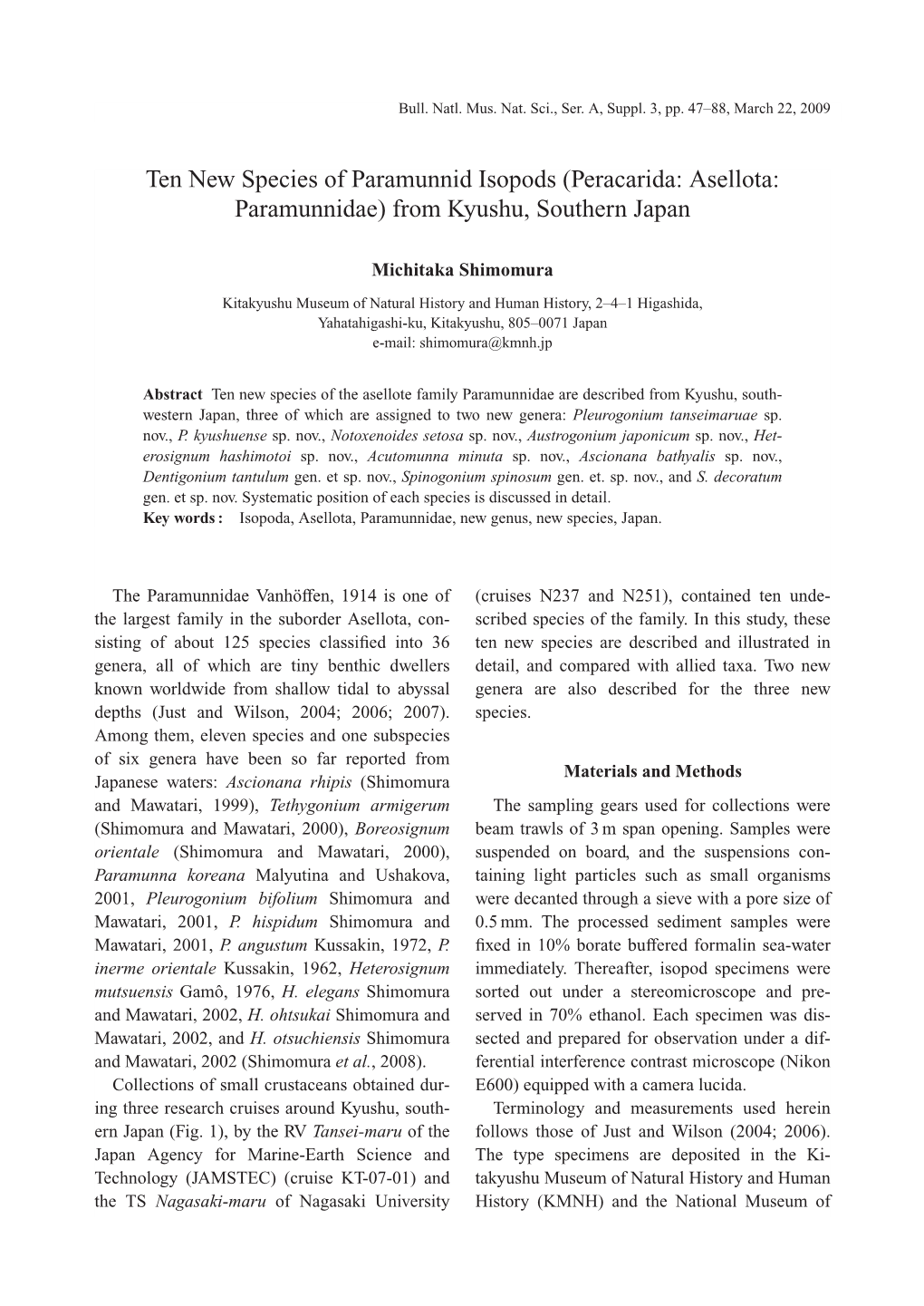 Ten New Species of Paramunnid Isopods (Peracarida: Asellota: Paramunnidae) from Kyushu, Southern Japan