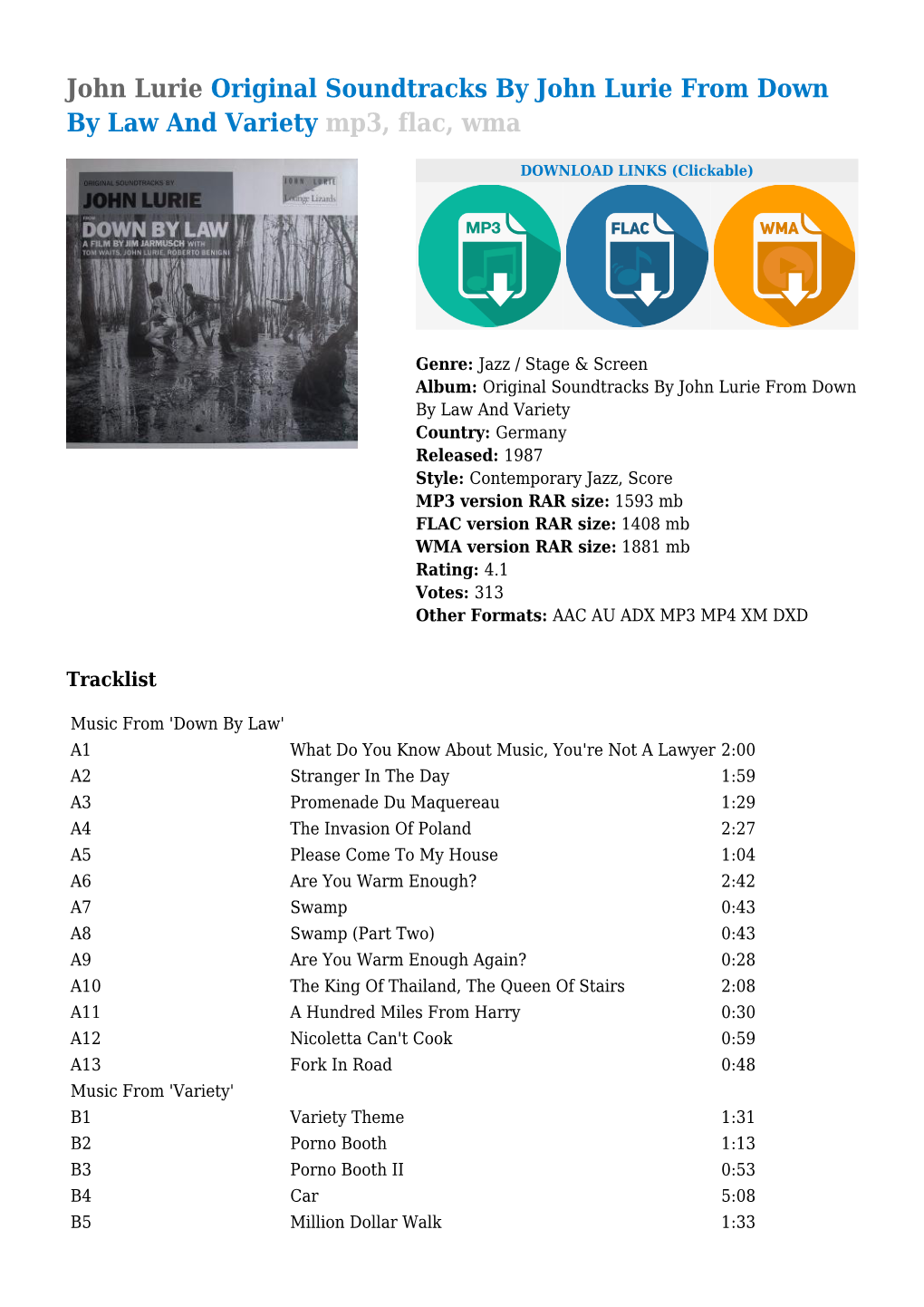 John Lurie Original Soundtracks by John Lurie from Down by Law and Variety Mp3, Flac, Wma