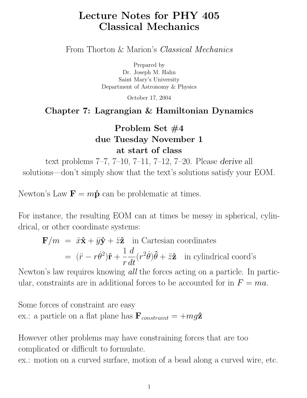 Chapter 7: Lagrangian & Hamiltonian Dynamics