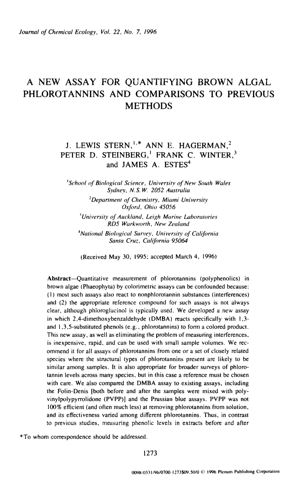 A New Assay for Quantifying Brown Algal Phlorotannins and Comparisons to Previous Methods