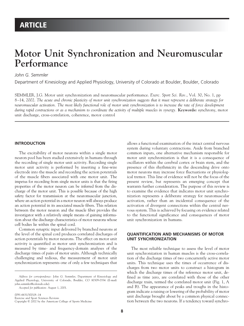 Motor Unit Synchronization and Neuromuscular Performance John G