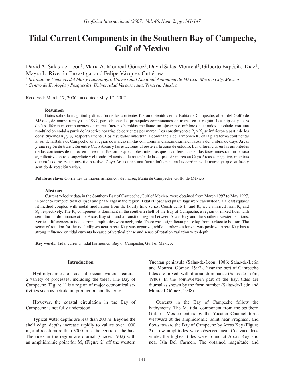 Tidal Current Components in the Southern Bay of Campeche, Gulf of Mexico