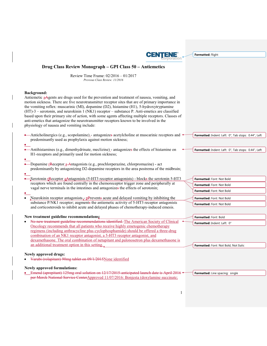 Drug Class Review Monograph – GPI Class 50 – Antiemetics