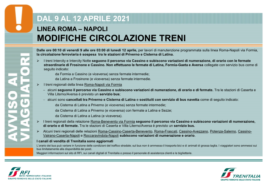 Dal 9 Al 12 Aprile 2021 Linea Roma – Napoli Modifiche Circolazione Treni