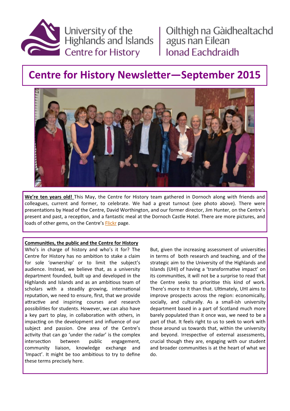 Centre for History Newsletter—September 2015