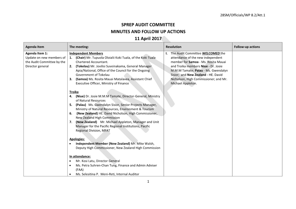 SPREP AUDIT COMMITTEE MINUTES and FOLLOW up ACTIONS 11 April 2017