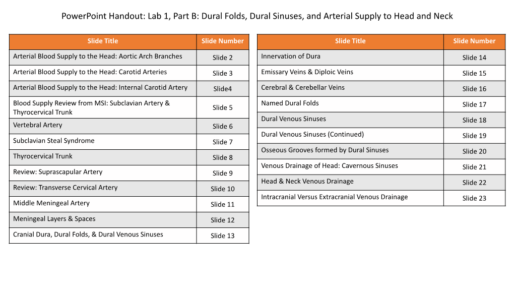 Powerpoint Handout: Lab 1, Part B: Dural Folds, Dural Sinuses, and Arterial Supply to Head and Neck