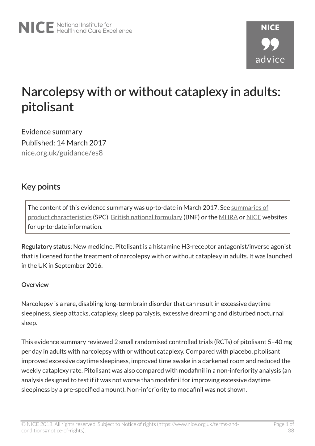 Narcolepsy with Or Without Cataplexy in Adults: Pitolisant (ES8)