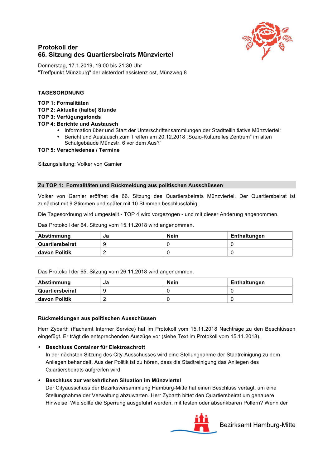 Bezirksamt Hamburg-Mitte Protokoll Der 66. Sitzung Des Quartiersbeirats