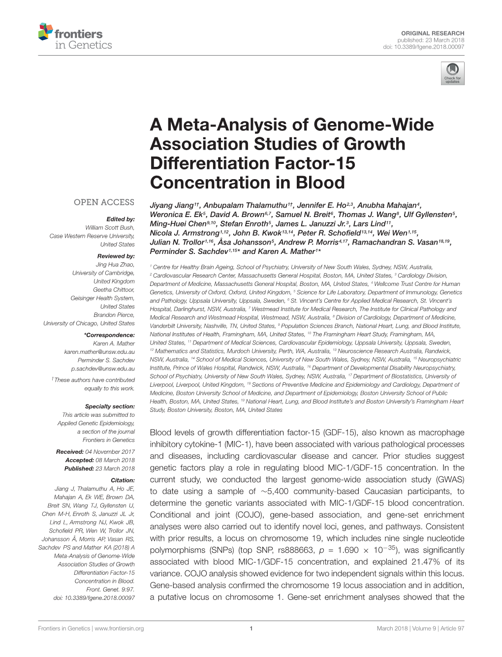 A Meta-Analysis of Genome-Wide Association Studies of Growth Differentiation Factor-15 Concentration in Blood