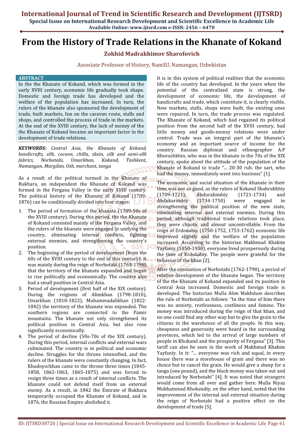 From the History of Trade Relations in the Khanate of Kokand Zokhid Madrakhimov Sharofovich Associate Professor of History, Namsu, Namangan, Uzbekistan