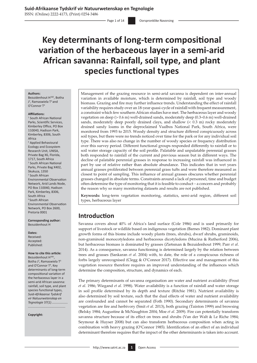 Key Determinants of Long-Term Compositional Variation of the Herbaceous Layer in a Semi-Arid African Savanna: Rainfall, Soil Type, and Plant Species Functional Types