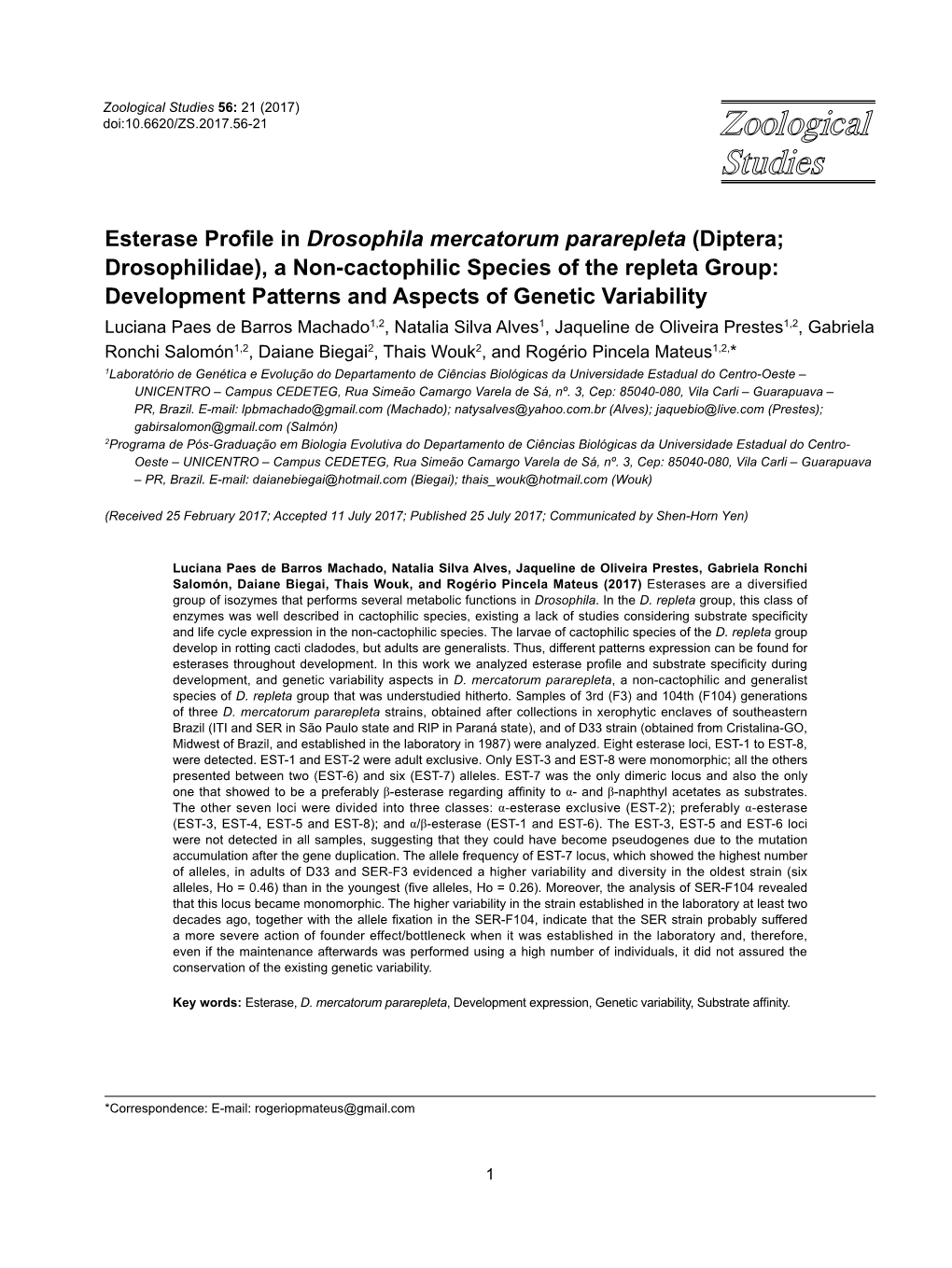 Esterase Profile in Drosophila Mercatorum Pararepleta