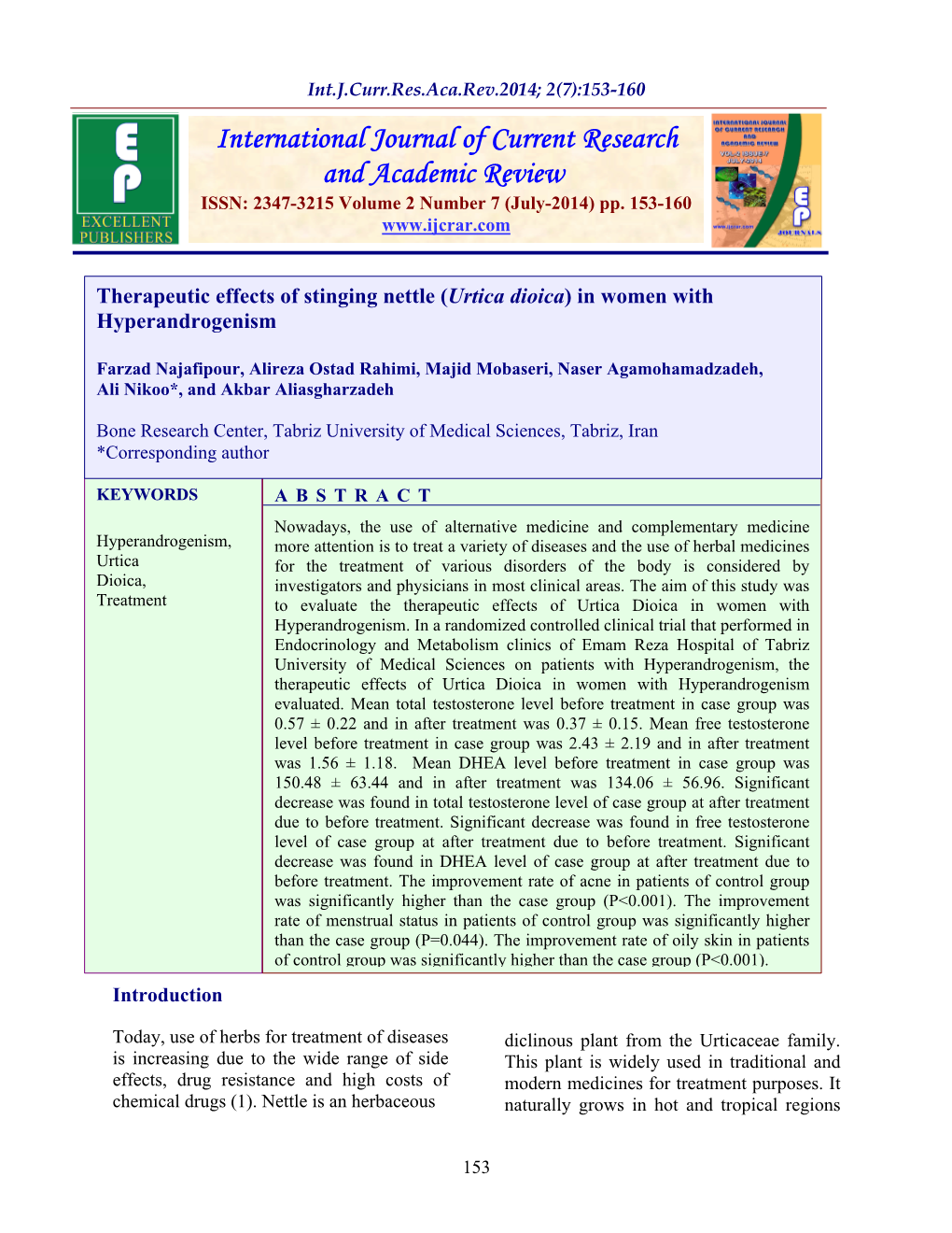 Therapeutic Effects of Stinging Nettle (Urtica Dioica) in Women with Hyperandrogenism