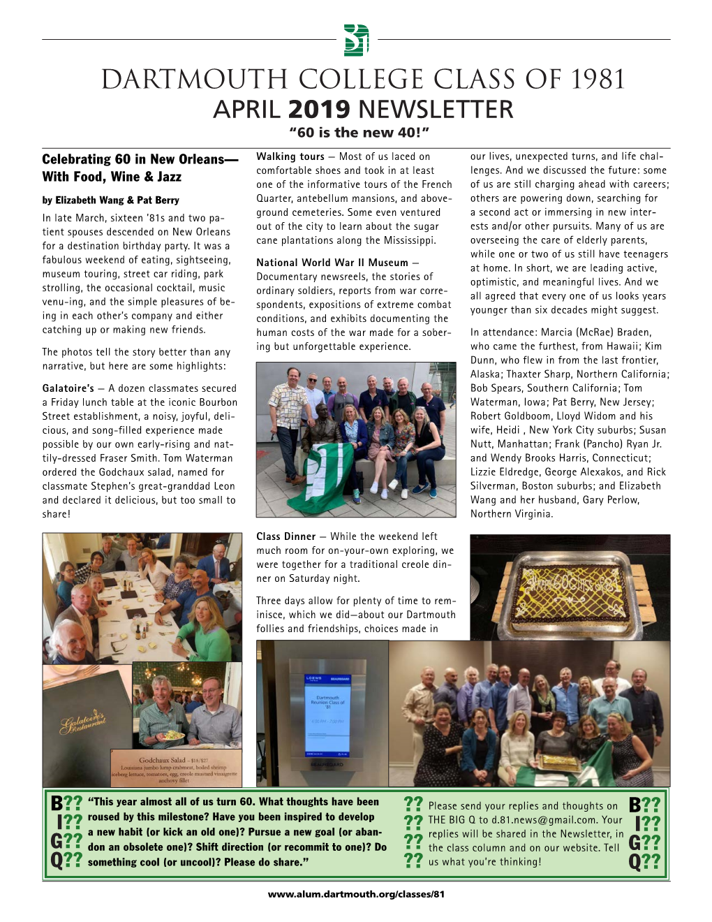 Dartmouth College Class of 1981 April 2019 Newsletter