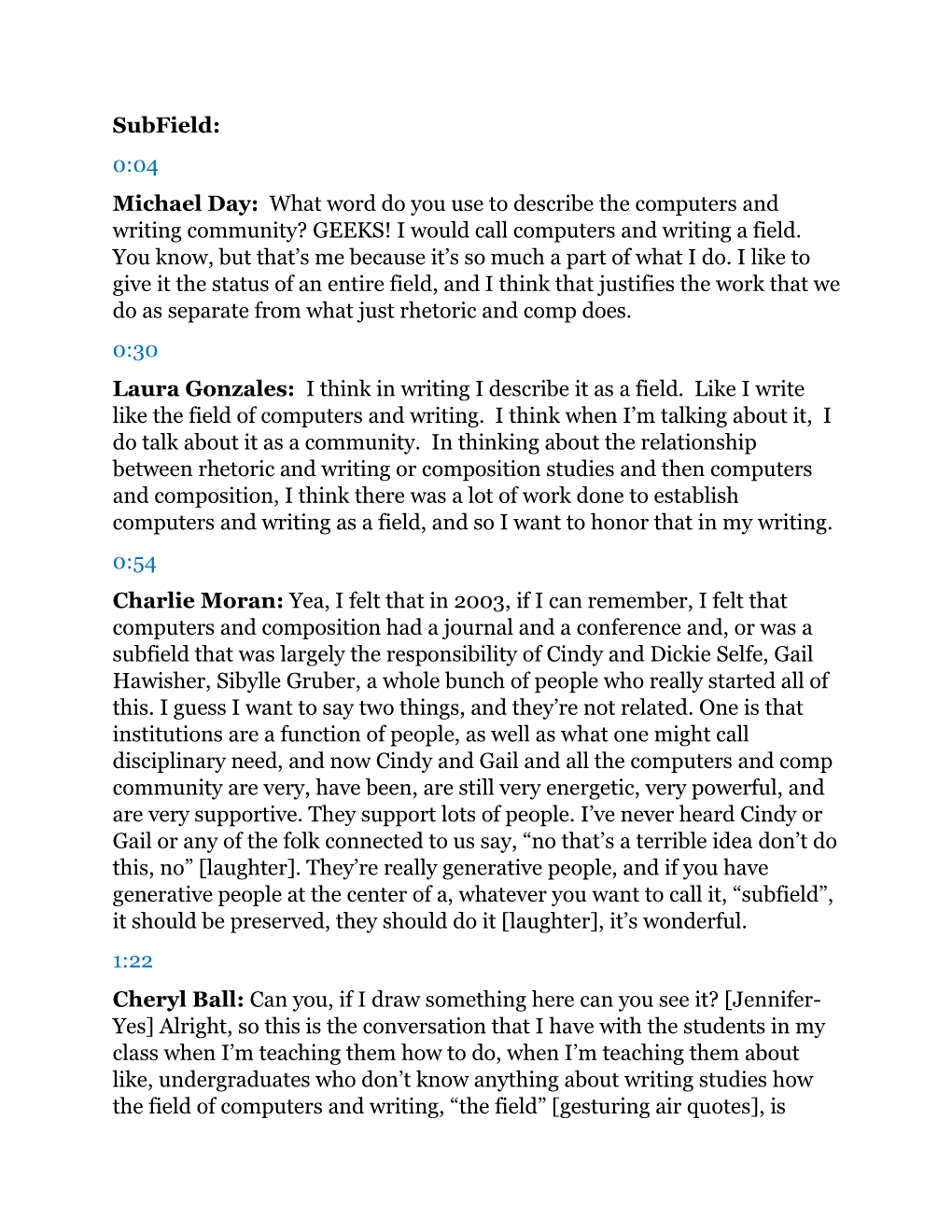 Subfield: 0:04 Michael Day: What Word Do You Use to Describe the Computers and Writing Community? GEEKS! I Would Call Computers and Writing a Field