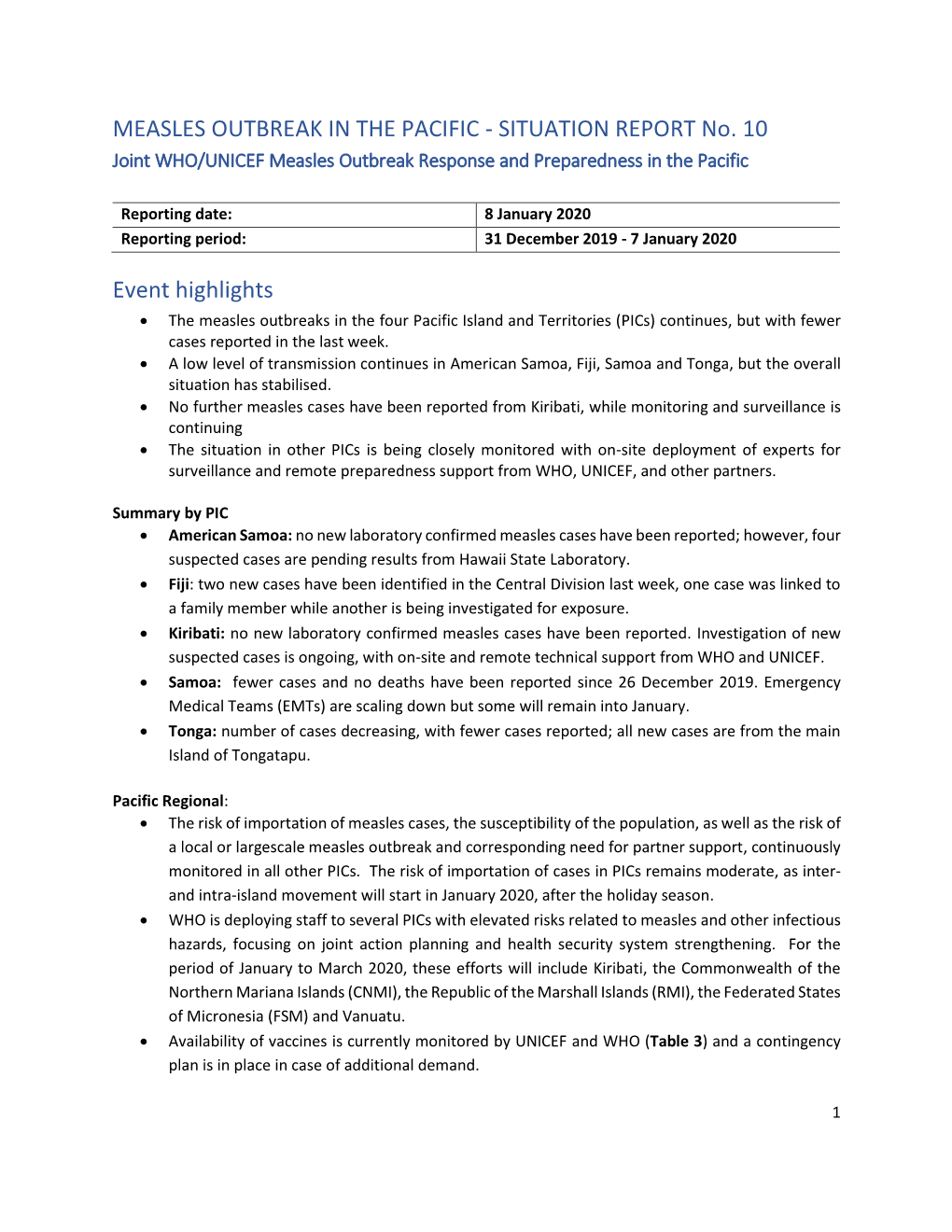 MEASLES OUTBREAK in the PACIFIC - SITUATION REPORT No