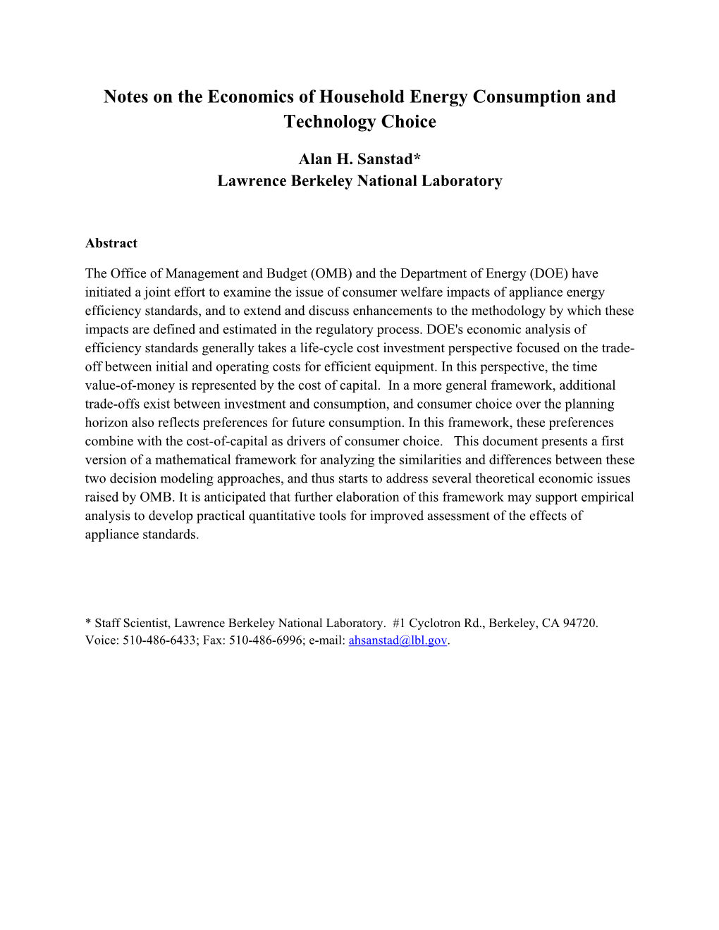 Notes on the Economics of Household Energy Consumption and Technology Choice