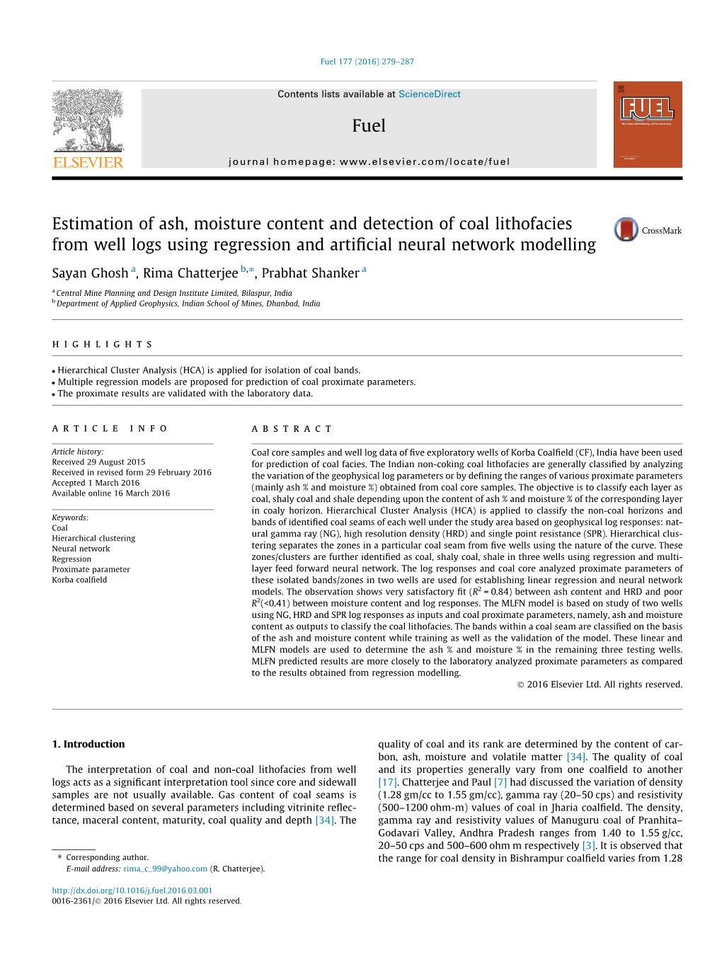 Estimation of Ash, Moisture Content and Detection of Coal Lithofacies