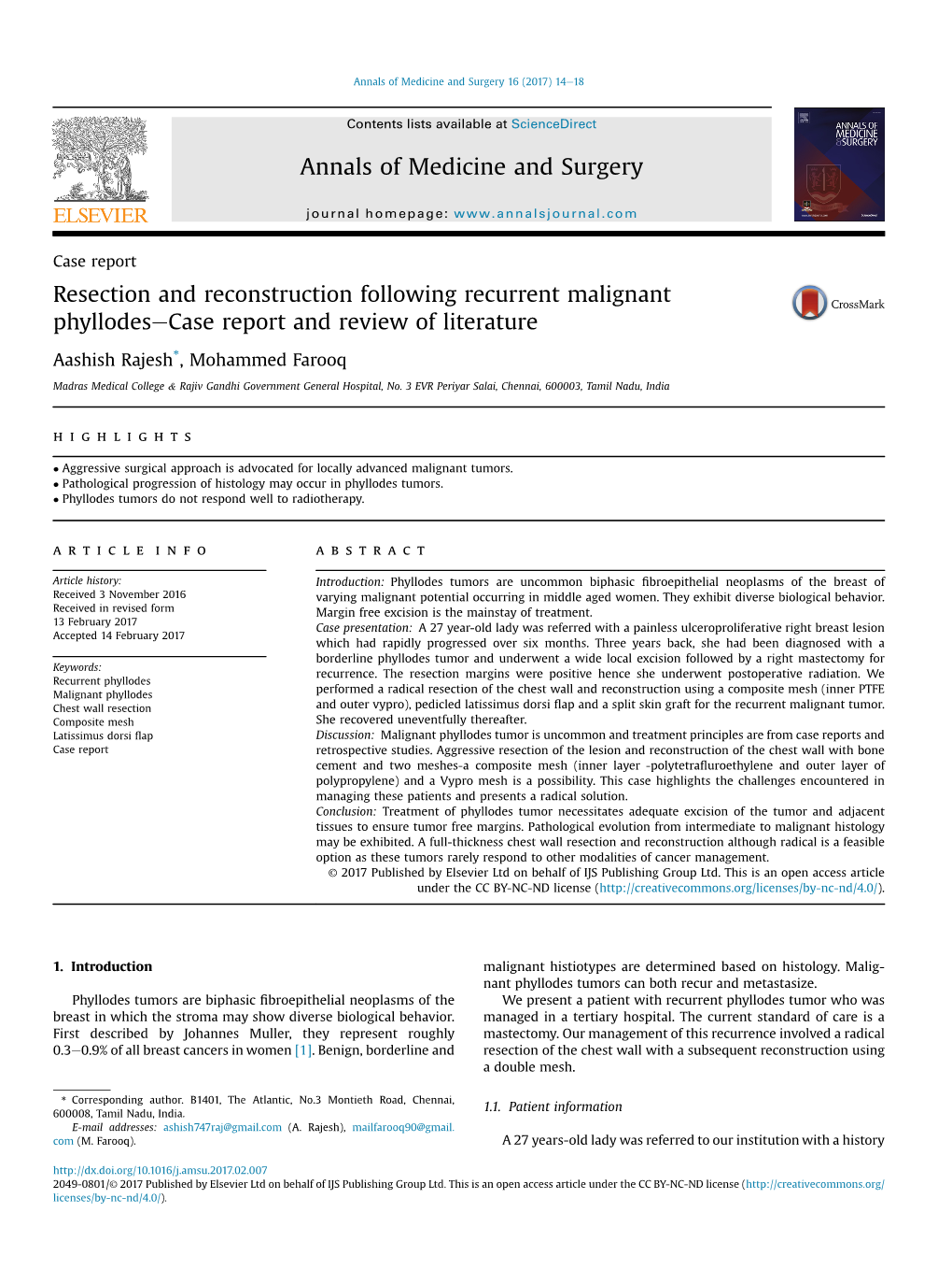 Resection and Reconstruction Following Recurrent Malignant Phyllodesecase Report and Review of Literature