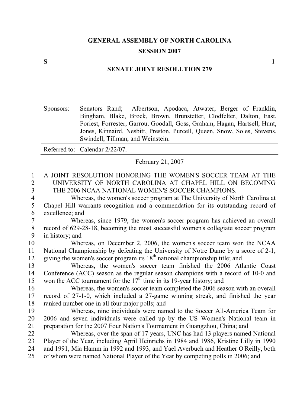 General Assembly of North Carolina Session 2007 S 1 Senate Joint Resolution 279