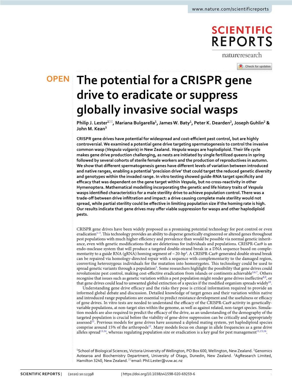 The Potential for a CRISPR Gene Drive to Eradicate Or Suppress Globally Invasive Social Wasps Philip J