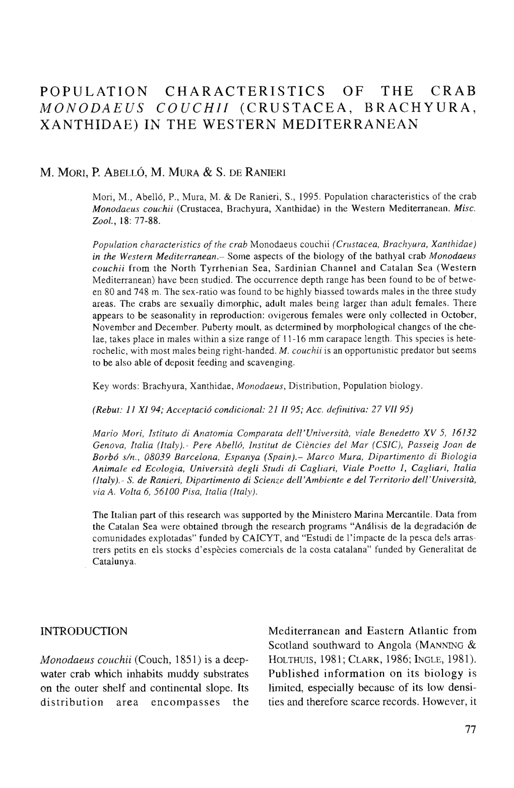 POPULATION CHARACTERISTICS of the CRAB MONODAEUS COUCHII (CRUSTACEA, BRACHYURA, 1 XANTHIDAE) in the WESTERN MEDITERRANEAN L