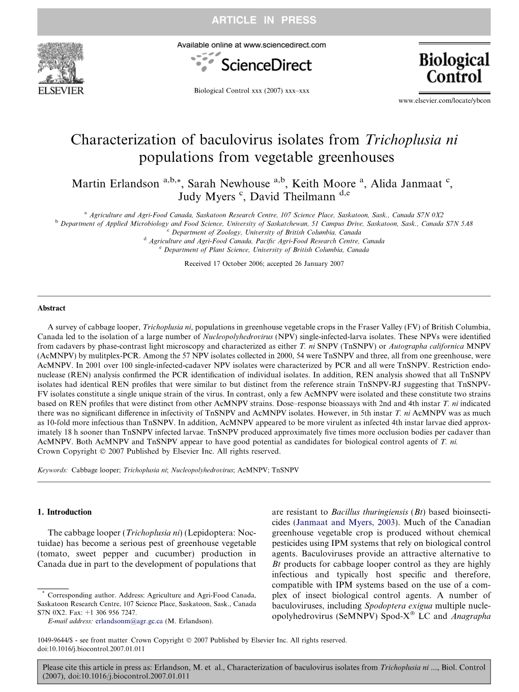 Characterization of Baculovirus Isolates from Trichoplusia Ni Populations from Vegetable Greenhouses