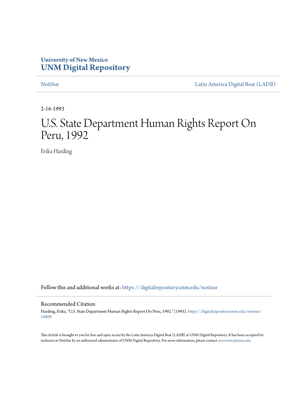 U.S. State Department Human Rights Report on Peru, 1992 Erika Harding