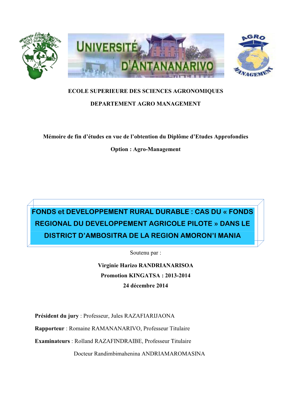 FONDS Et DEVELOPPEMENT RURAL DURABLE : CAS DU « FONDS REGIONAL DU DEVELOPPEMENT AGRICOLE PILOTE » DANS LE DISTRICT D’AMBOSITRA DE LA REGION AMORON’I MANIA