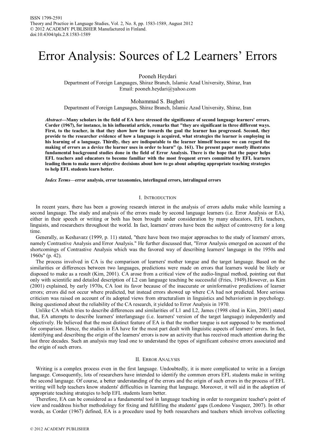 Error Analysis: Sources of L2 Learners’ Errors