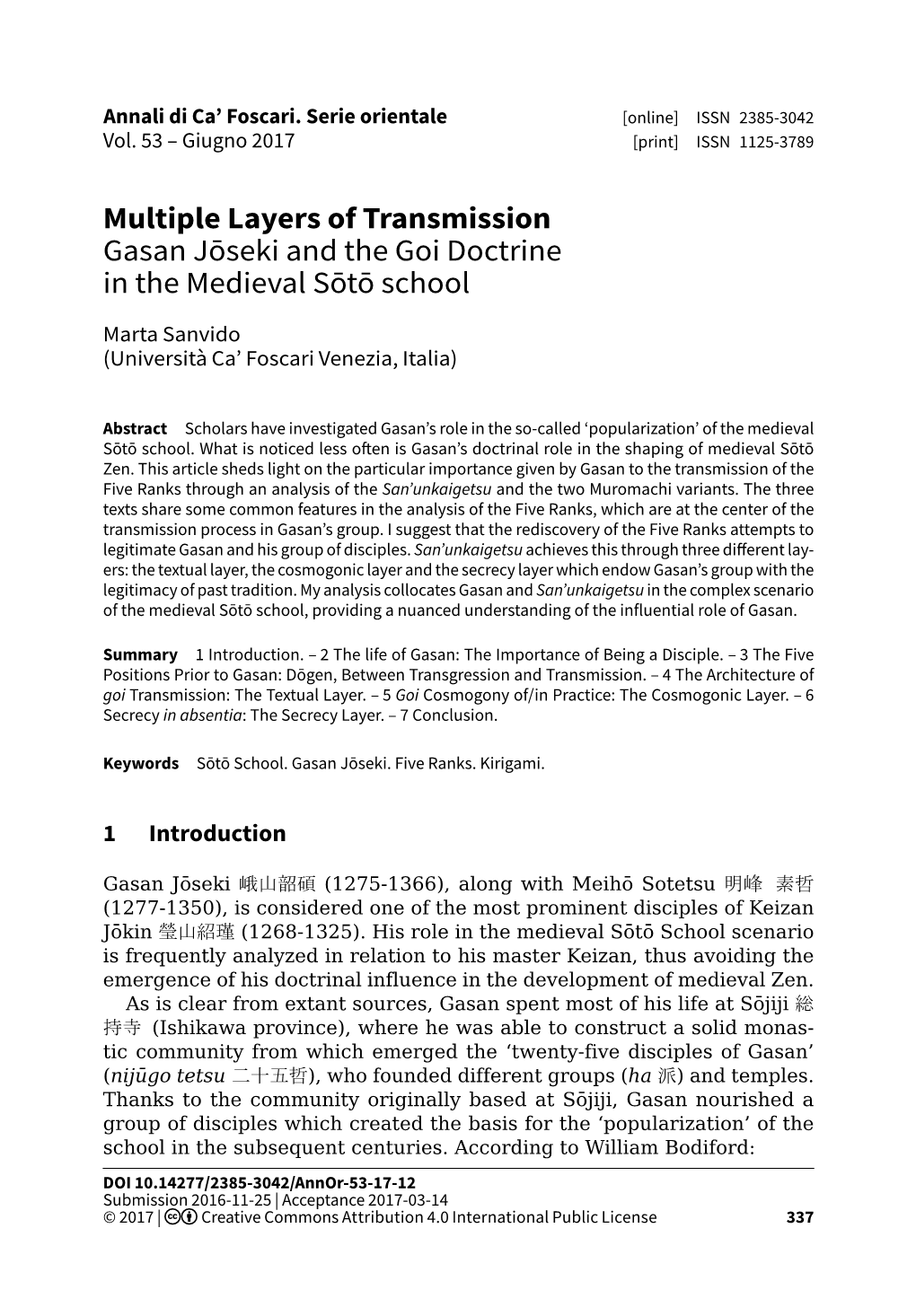 Multiple Layers of Transmission Gasan Jōseki and the Goi Doctrine in the Medieval Sōtō School