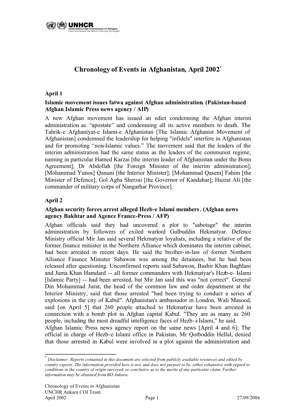 Chronology of Events in Afghanistan, April 2002*