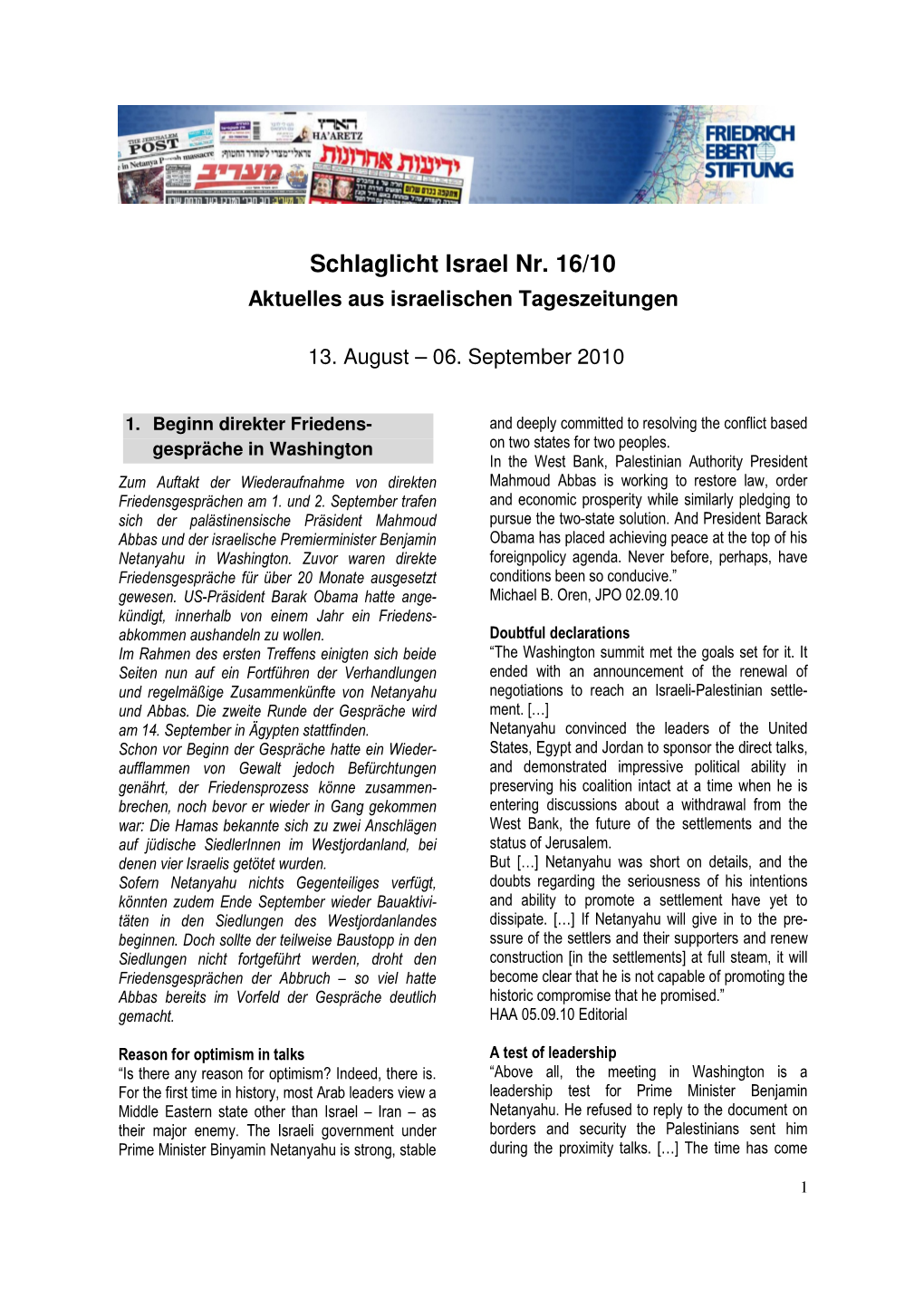 Schlaglicht Israel Nr. 16/10 Aktuelles Aus Israelischen Tageszeitungen