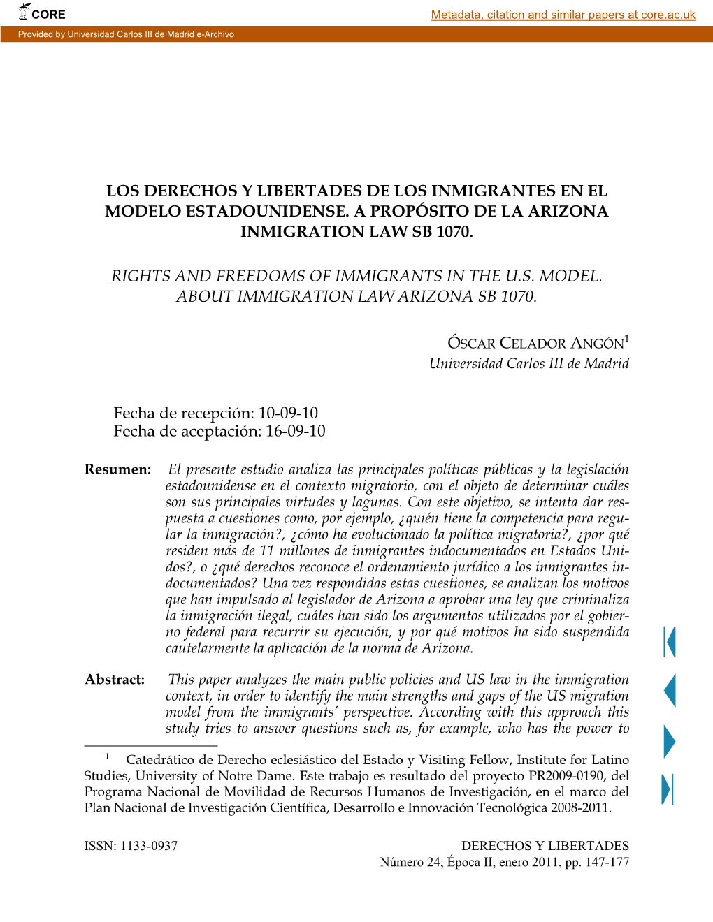 Los Derechos Y Libertades De Los Inmigrantes En El Modelo Estadounidense. a Propósito De La Arizona Inmigration Law Sb 1070. Ri