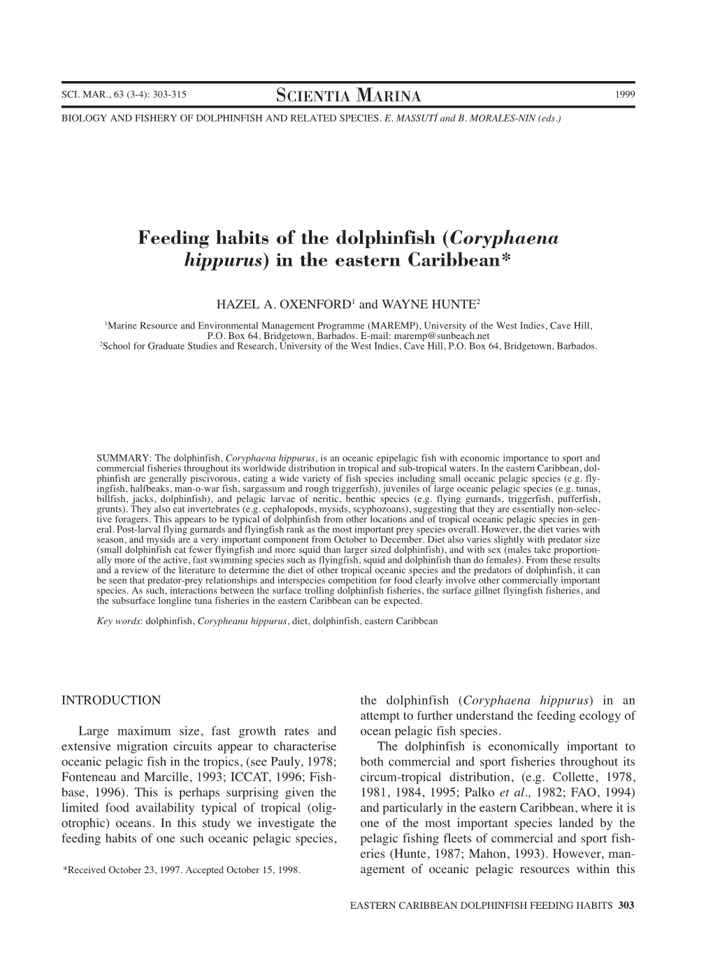 Feeding Habits of the Dolphinfish (Coryphaena Hippurus) in the Eastern Caribbean*