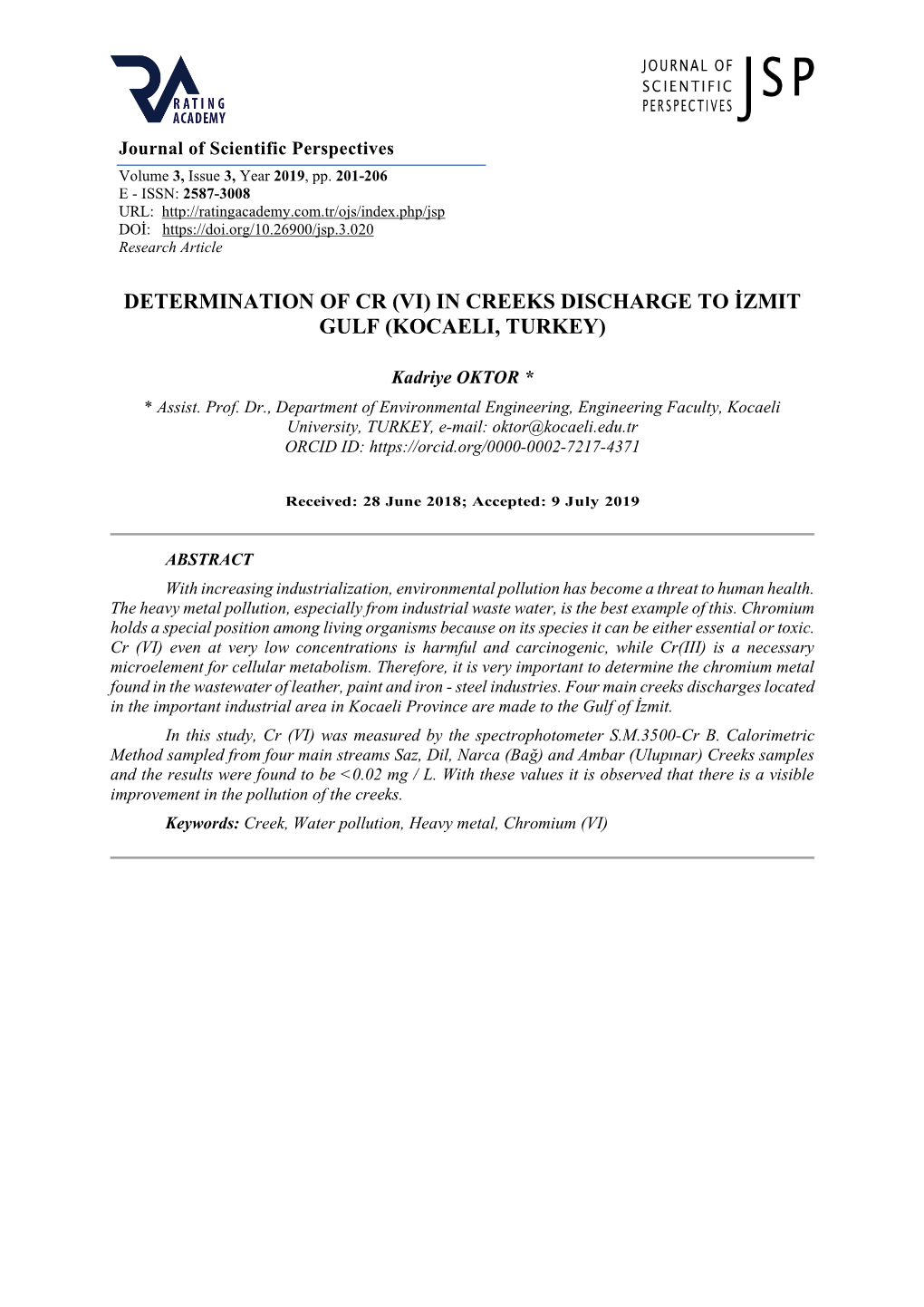 Determination of Cr (Vi) in Creeks Discharge to Izmit Gulf (Kocaeli, Turkey)